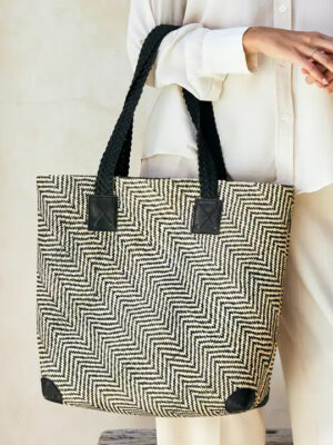 The Winding Road- Oversized Rattan Tote Bag with Black Leather Trim