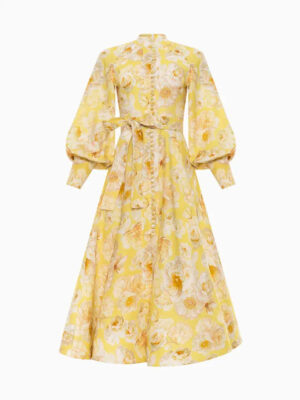 Floral Stand Collar Lantern Sleeve Swing Dress