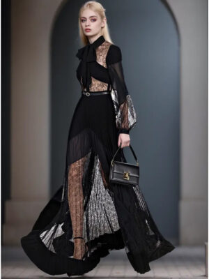 Spring & Summer Pleated Lace Splicing Long Dress With Model