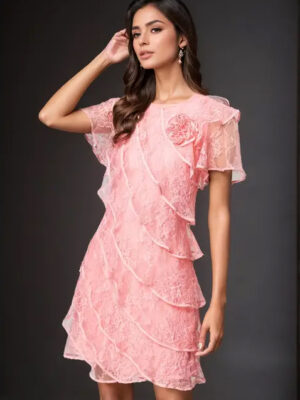 Trumpet Sleeve Lace A-Line Dress in Rosy Summer Bloom