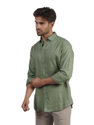 Eight X 100% Linen Long Sleeve Button Down Shirt Green Styled With Chinos