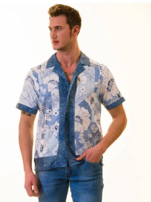 Gravity Homme Men’s Camp Collar Short Sleeve Floral Denim