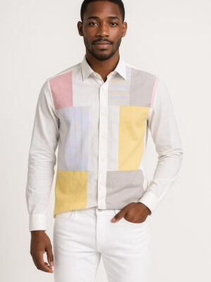 Eight X Patchwork Harmony Button Up Shirt paired with chinos