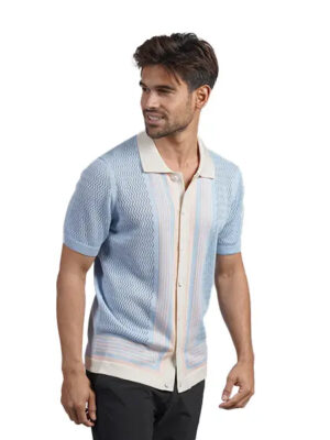 Eight X Linear Knit Polo Shirt Light Blue paired with chinos