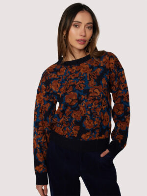 Lost + Wander autumn floral knit sweater in rust and navy floral pattern.