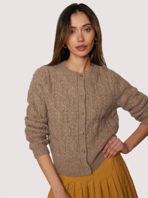“Georgina Cardigan brown cable knit fall sweater with gold buttons”