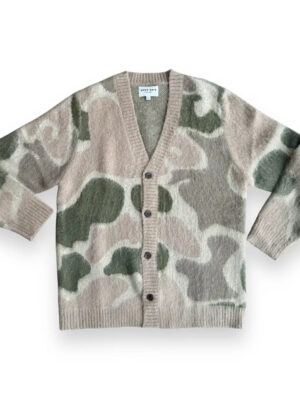 Good Days camo mohair cardigan in earthy green, cream, and light brown duck camouflage pattern