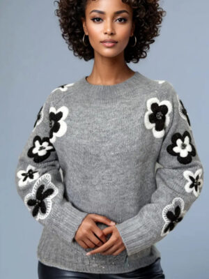 N By Nancy gray embroidered flower sweater with black and white floral detailing on sleeves
