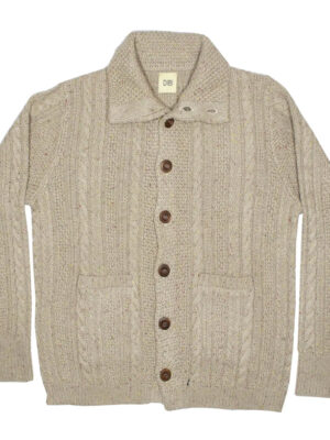 Dibi oatmeal Donegal cardigan sweater with high collar, button front, and textured cable-knit weave