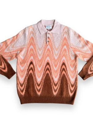 Good Days ripple knit mohair polo sweater in pink, orange, and earthy red wave pattern