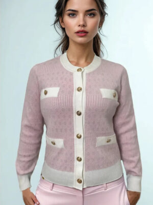 N By Nancy pink and ivory round neck cardigan sweater with gold buttons and mock pockets