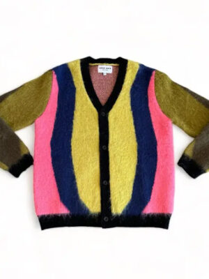 Good Days striped mohair cardigan with bold pink, yellow, blue, and olive color blocks