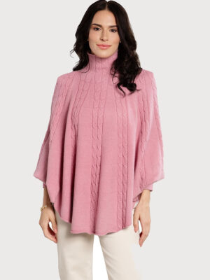 Saachi turtleneck cable knit poncho sweater in white with relaxed fit and textured knit pattern